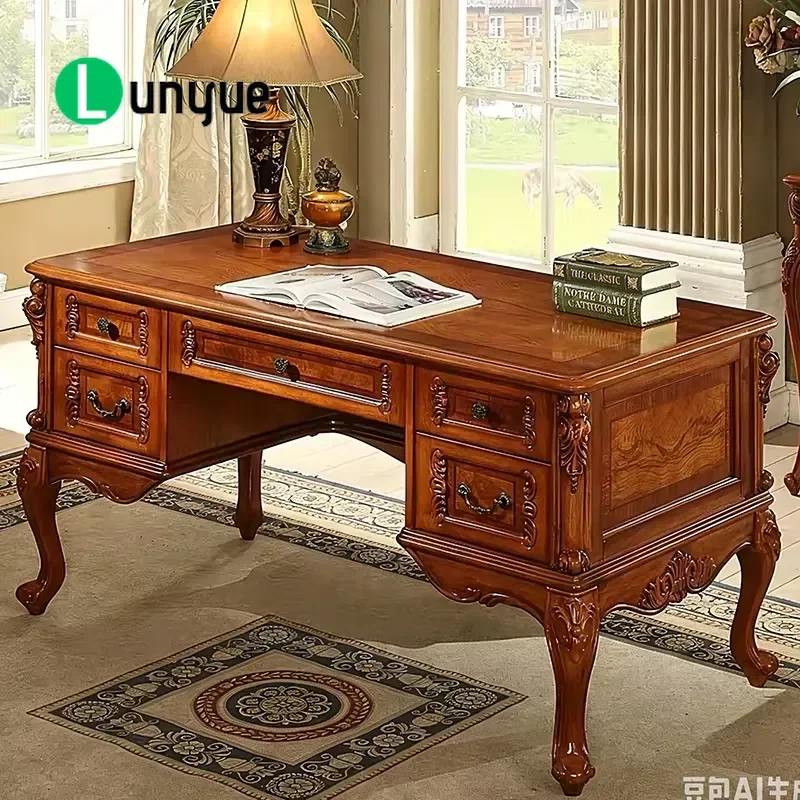 European Style Solid Wood Carved Desk Boss Office Table for Study Room Hotel Hall Home Furniture Factory Outlet Durable