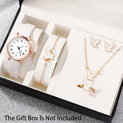 6pcs Simple Quartz Watches For Women White Pu Leather Wrist Watch With Butterfly Jewelry Set Great Gift For Her Mom Girlfriend