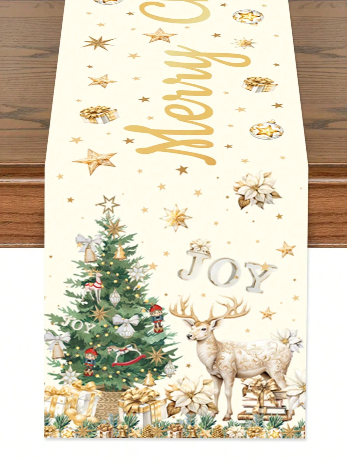 

1pc Christmas Golden Deer & Tree Table Runner, Multi - Season Universal for Dining Kitchen Living Room, Linen 2D Flat Decor