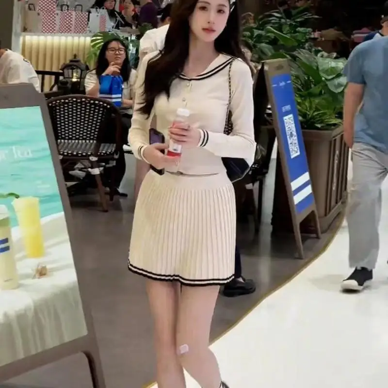 

Office Lady Style Elegant Knit Skirt Suit Women Long Sleeved Sweater Pleated Skirts Fashion New Two Piece Set Autumn Winter