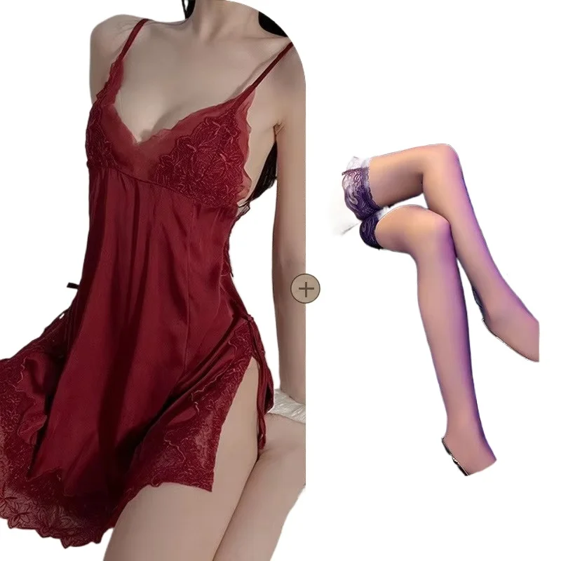 Pure desire fun underwear lace camisole nightgown women's summer high-end feeling perspective temptation pajamas free stockings