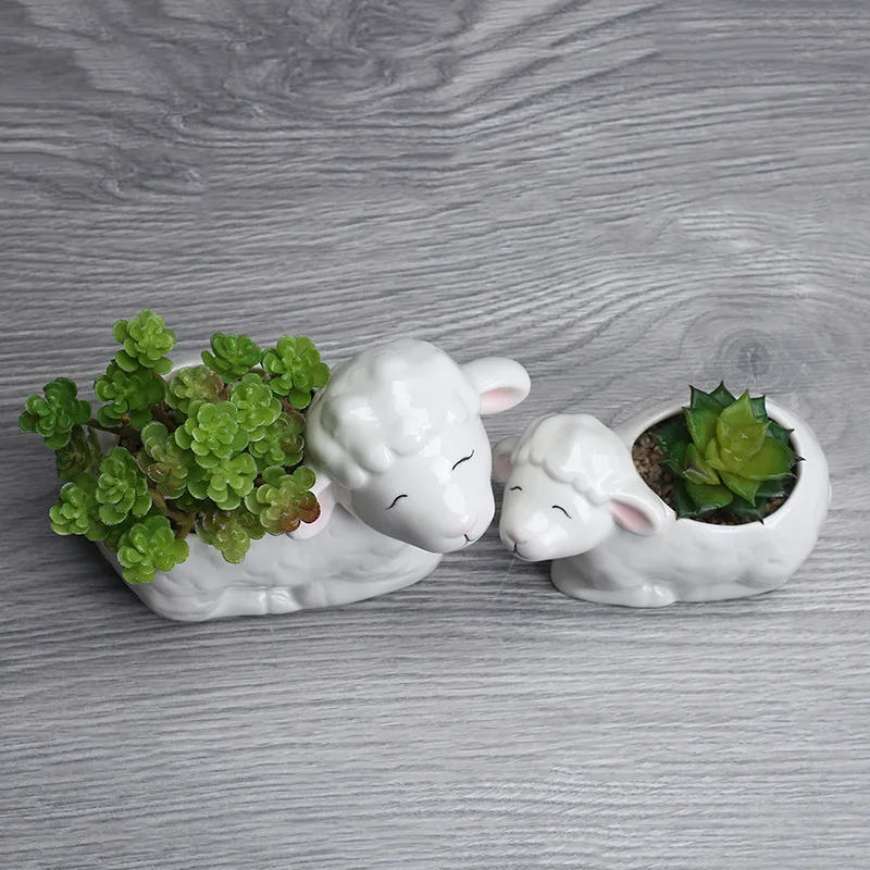 Handmade Mother Baby Sheep Ceramic Flower Pot Succulent Planter Mini Cactus Bonsai Desktop Tabletop Home Office Decor Gift