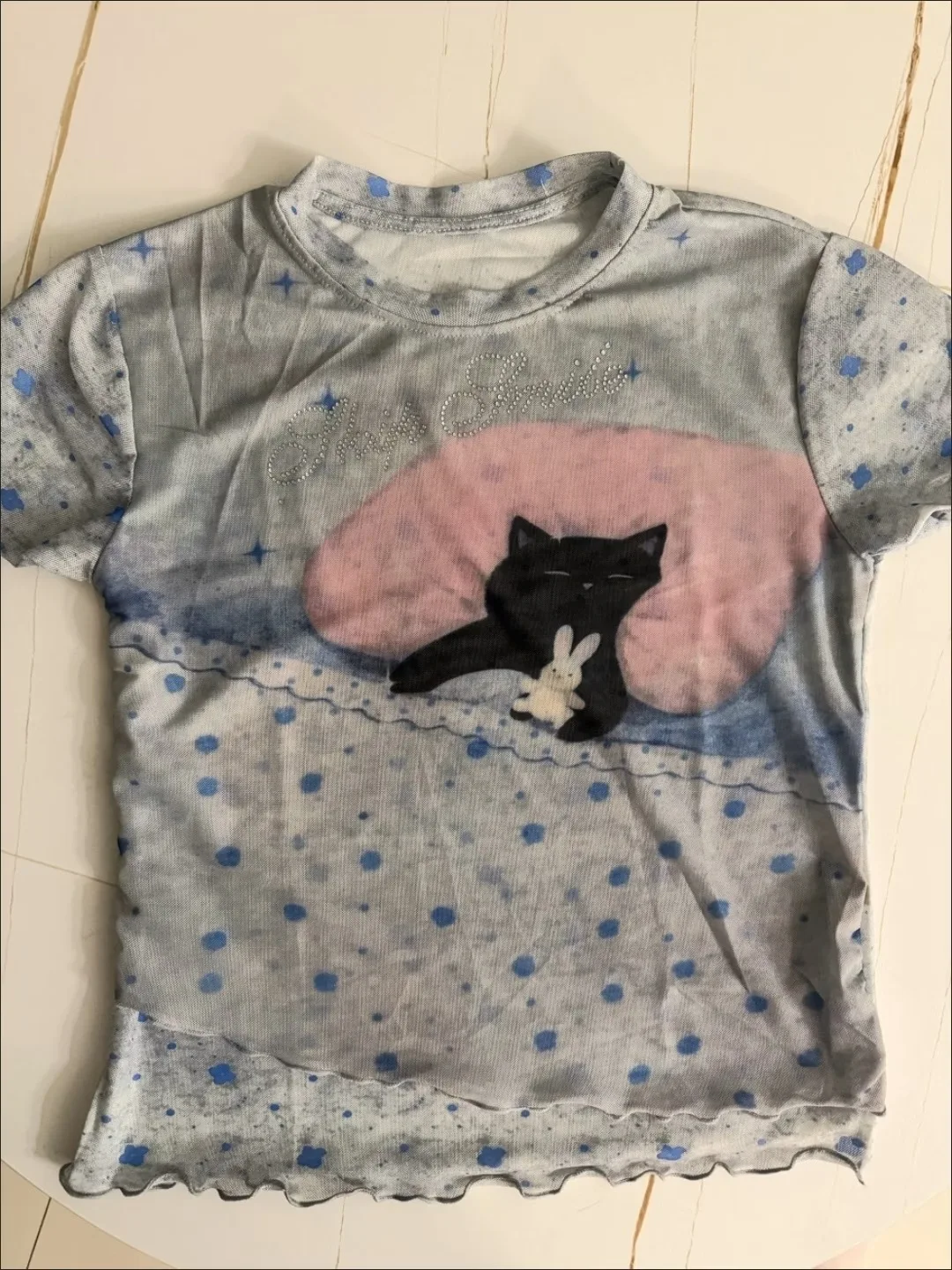 Kimotimo Cute Cat Printed Mesh T-shirts Women 2026 Summer Vintage O-neck Slim Fit Crop Top Harajuku Y2k Aesthetic Patchwork Tees