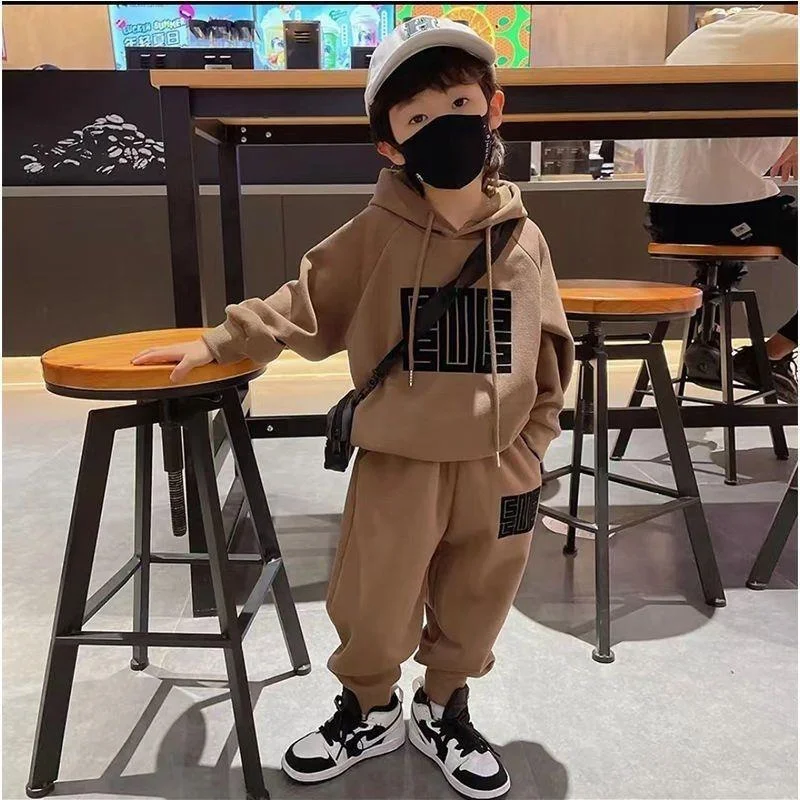 Boys Suit Sweatshirts +Pants Cotton 2Pcs/Sets 2023 Brown Spring Autumn Sportswear  Outfits Outdoors Thicken Children Clothing