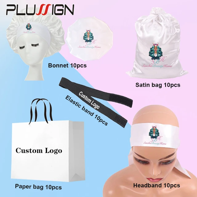 Niestandardowe logo 50Pcs/Lot Edges Melt Band For Lace Wig Satin Wig Storage Bag Paper Wig Bag Handbag Silk Bonnet Night Sleeping Cap