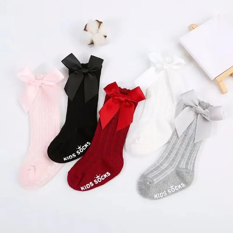New Born Baby Girls Socks Spring Summer Autumn Non Slip Floor Crawling Sock Cute Big Bow Knee High Long Stockings for Toddlers