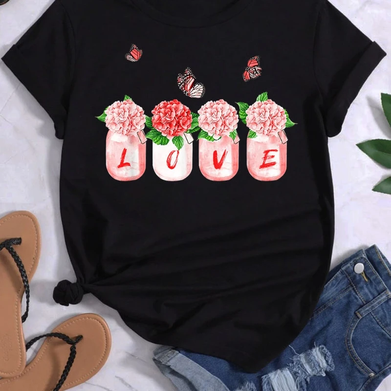 Maglietta con stampa a cuore a farfalla magliette estive T-Shirt da donna Harajuku Graphic Tees donna magliette a maniche corte abbigliamento camicetta femminile