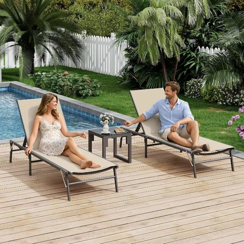 ^Foldable Patio Lounge Chair Sets with Side Table, No Assembly Outdoor Chaise Lounge with 5-Positions, Poolside Lounge Chairs