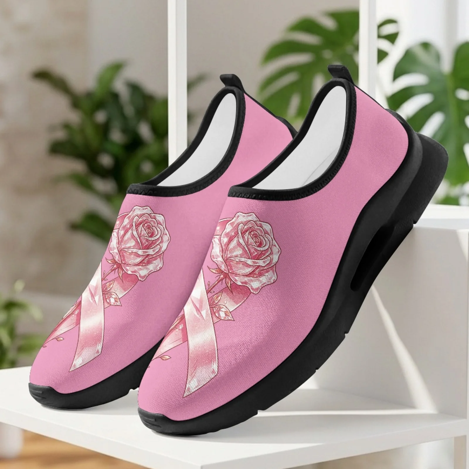 PENSTROLL Pink Crystal Floral Print Breathable Walking Driving Shoes for Men Summer Mesh & EVA Slip on Casual Lightweight Shoes