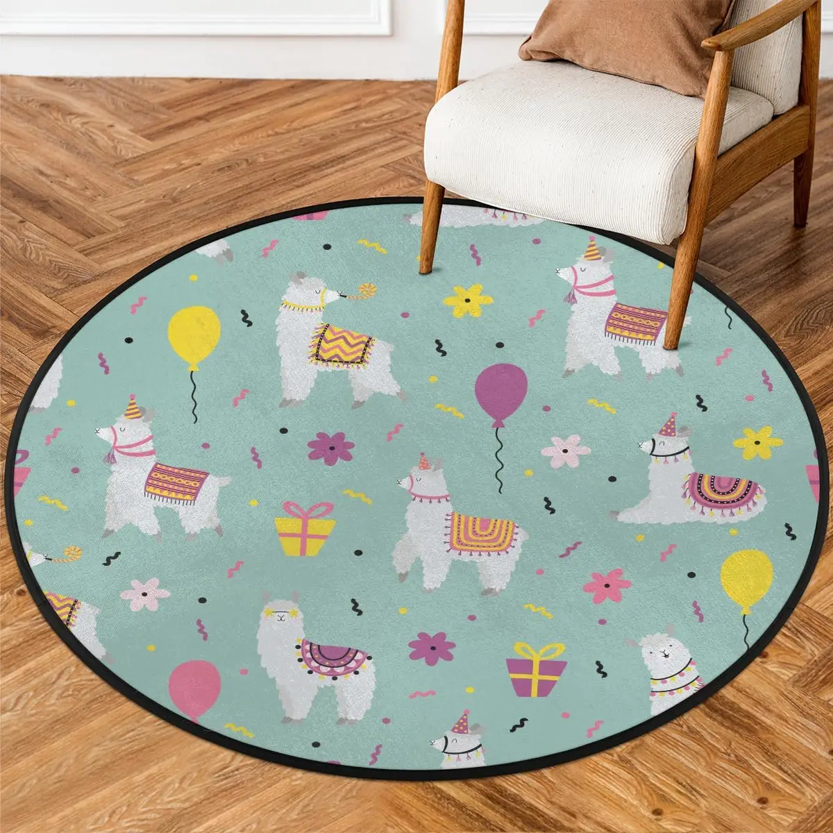 Cute Lamb Round Rug,Washable Soft Circular Floor Mat, Non Slip Low Pile Area Rugs for Kids Room Bedroom Bathroom Laundry Room
