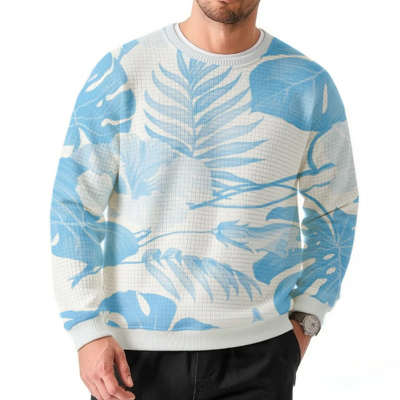 Holiday Autumn Plant Printed Sweatshirt Casual Loose Long Sleeve Chic Top Plus Size Texture Fabric Pullover Male Beach Clothes