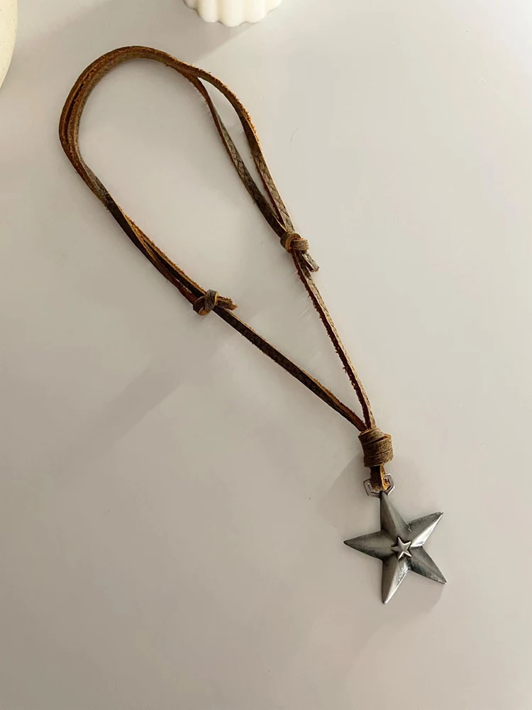 Retro Leather Rope Punk Star Pendant Long Necklace Female Niche Design Personality Adjustable Drawstring Accessories JewelryTide