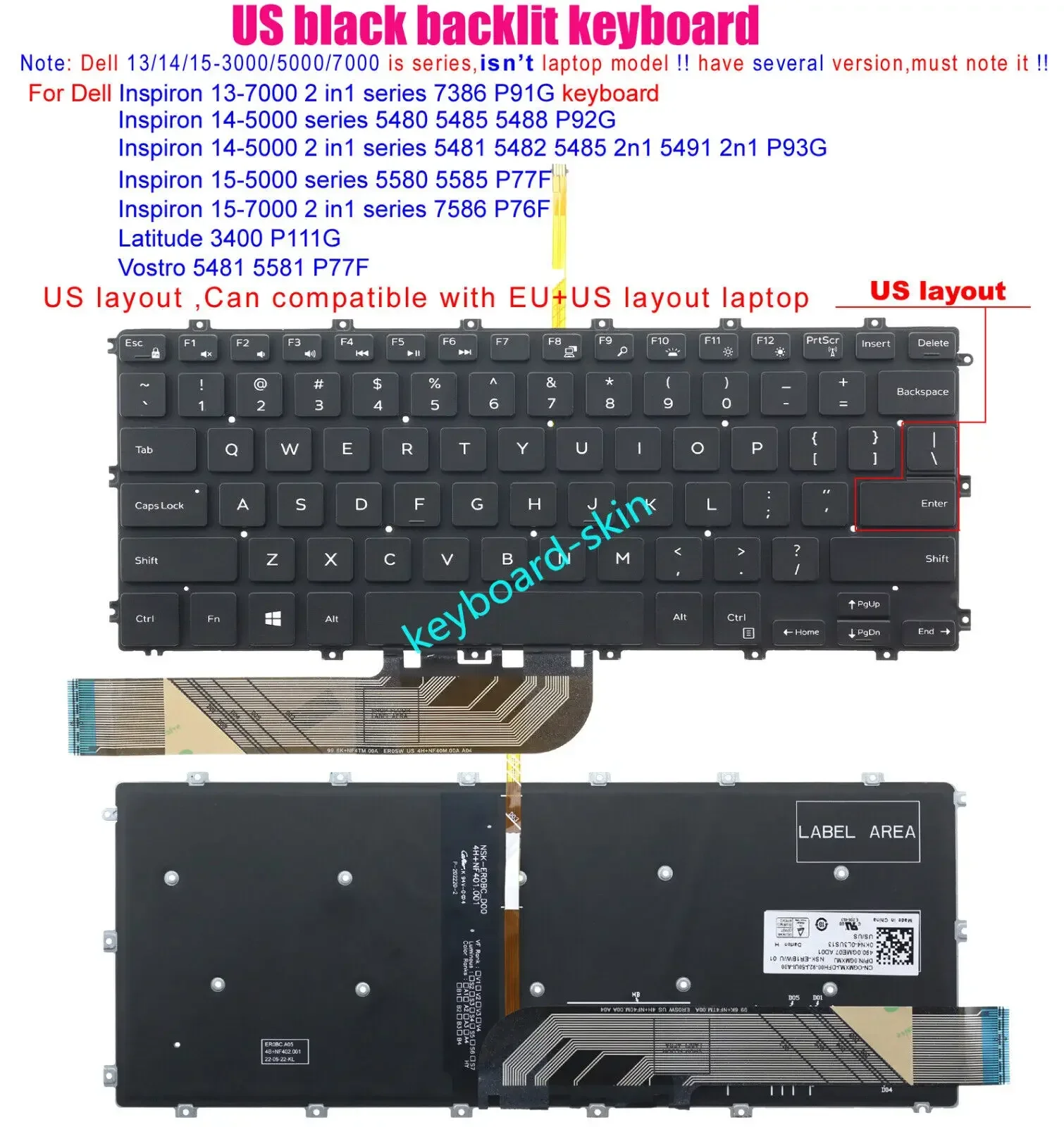 New US Keyboard backlit no-frame for Dell Inspiron 15-7000 2 in1 series 7586 P76F Latitude 3400 P111G Vostro 5481 5581 P77F