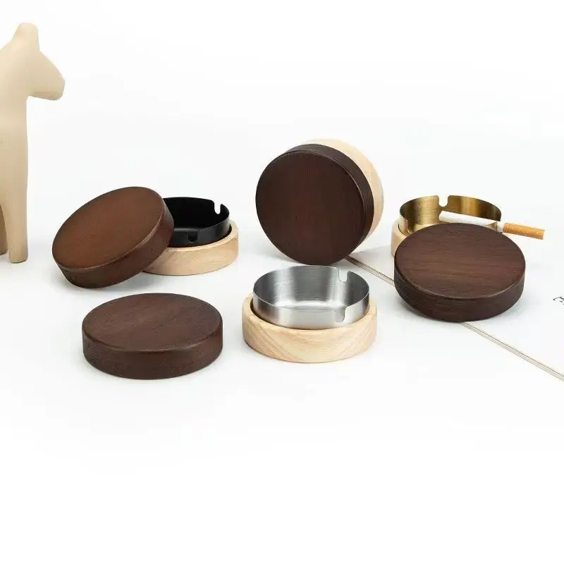 New Creative Ashtrays With Lid Walnut Wood Desktop Ashtray Stainless Steel Windproof Ash Tray for Smoking Office Home Decoration