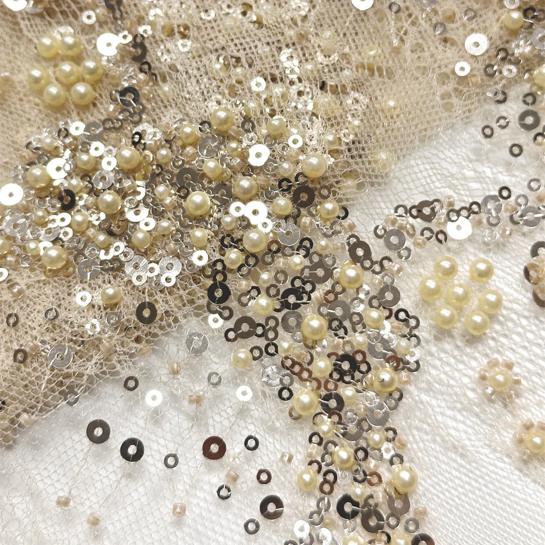 

Newest Gold African Wave Sequins Tube Beads Embroidery French Tulle Mesh Lace Fabric For Bridal Wedding Evening Dresses Sewing