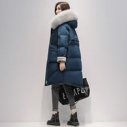 2024 inverno novo coreano de luxo real raposa cabelo com capuz pato branco para baixo casaco feminino quente longo parker casual solto jaqueta feminina