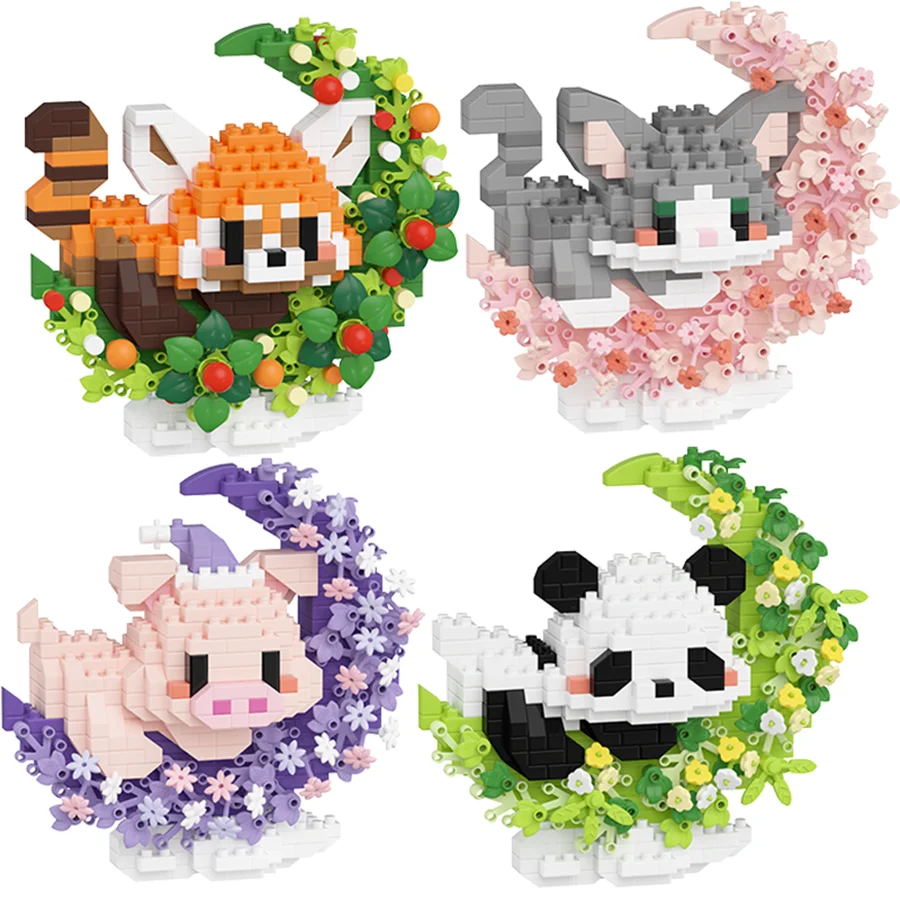 

Four Building Blocks Under The Moon. Panda, Red Panda, Pig, Koala, Cute Building Blocks, Creative Handmade Set.