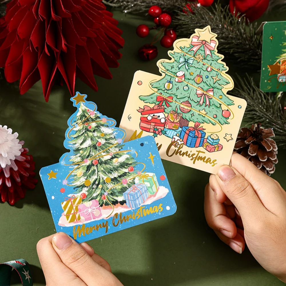 10PCS Christmas Greeting Card Invitations Blessing Postcard Gifts Letter Papercard with Bronzing Christmas Tree Pattern
