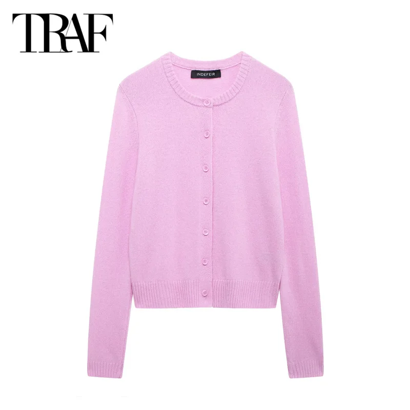 TRAF Elegant Sweater Outerwear Coat 2024 Women\'s Autumn Long Sleeve Knitted Cardigans Ladies Fashion Casual Pink Grey Knitwear