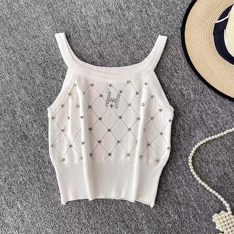 Rhinestone Embellished Knit Spaghetti Strap Top Women's Hollow Out Sleeveless Crop Cami for Summer Women's Clothing