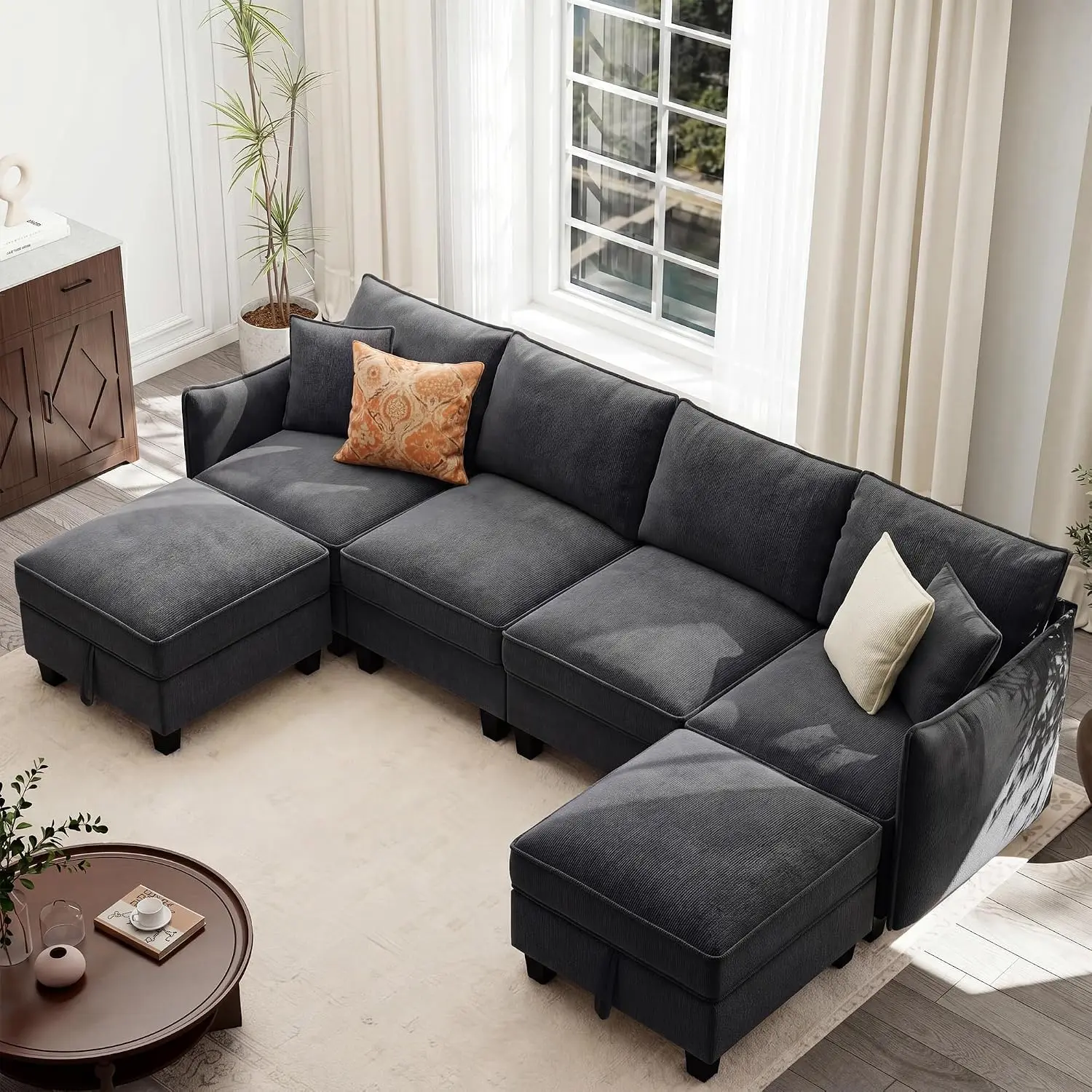 U-Shaped Sectional Sofa, 6-Seat Cloud Couch with 2 Storage Ottomans, Chenille Fabric for Living Room & Bedroom, 112