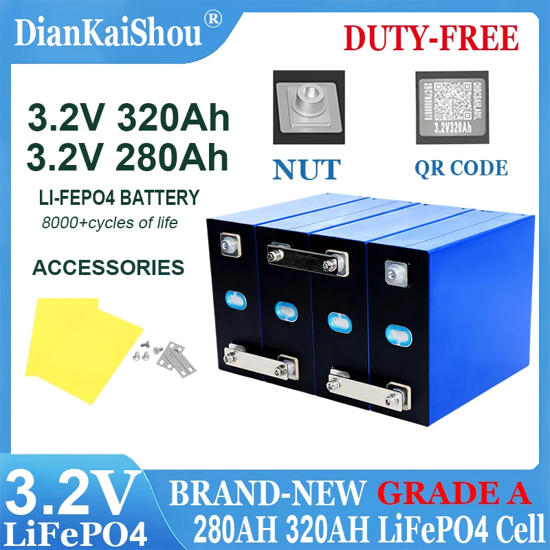 

DianKaiShou 3.2V 320Ah 280Ah New Lifepo4 Rechargeable Battery Lithium Iron Phosphate Cell 12v 24v Travel Solar Campers batteries