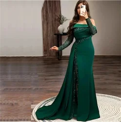 Dark Green Formal Dresses For Women Off-Shoulder Long Sleeves Lace Appliques Floor-Length Mermaid Satin Mother Evening Dress