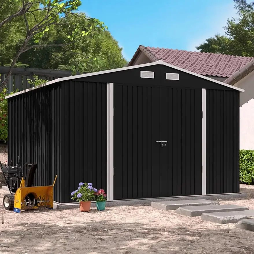 

10x10 FT, Outside Sheds & Outdoor Storage Metal Galvanized Steel Yard, Patio, Lawn, Tool Shed with Lockable Door, Grey