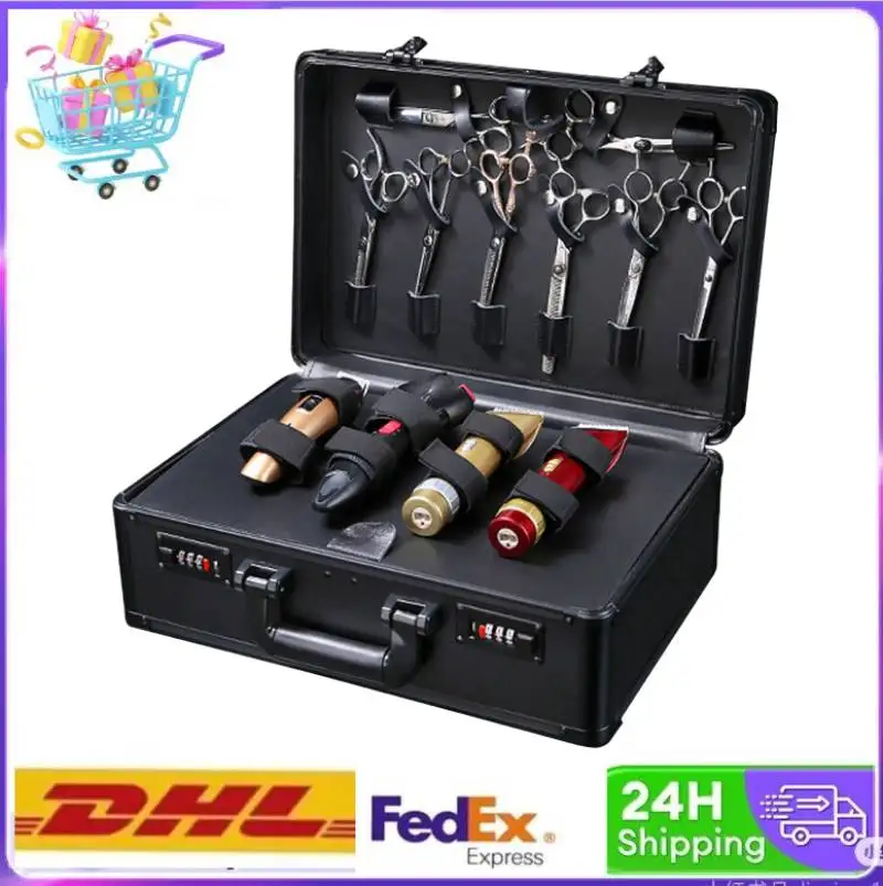 

Black Barber Hairdressing Tool Box Portable Salon Large Capacity Professional Hair Kit Storage Display Box Lock Suitcase