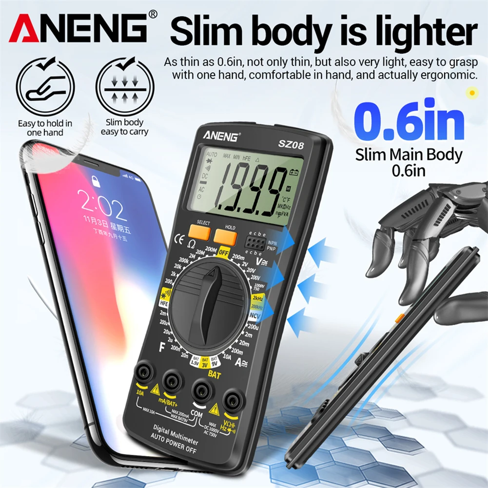 ANENG SZ08 Professional Digital Multimeter 2000 Counts Ultra-thin Storage Handheld Split LCD Auto Voltmeter DC AC Voltage Tester