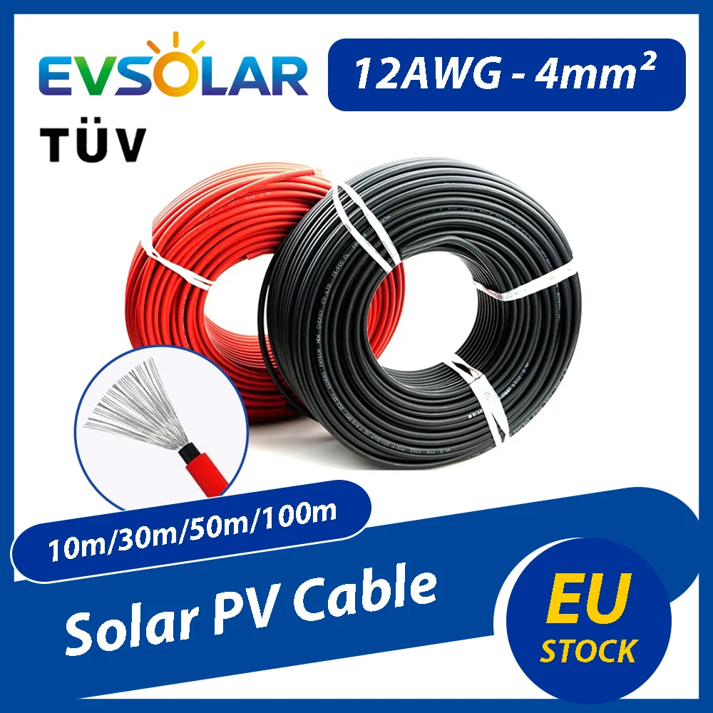 Cavo solare 4mm² 12AWG per pannelli fotovoltaici, certificato TÜV, con guaina rossa e nera, lunghezza 10/30/50/100m