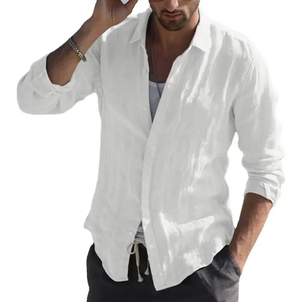 Novedad de verano para hombre, camisa informal de manga larga de lino liso con cuello de una sola botonadura, Tops con solapa de lino y algodón, camisa de manga larga sencilla