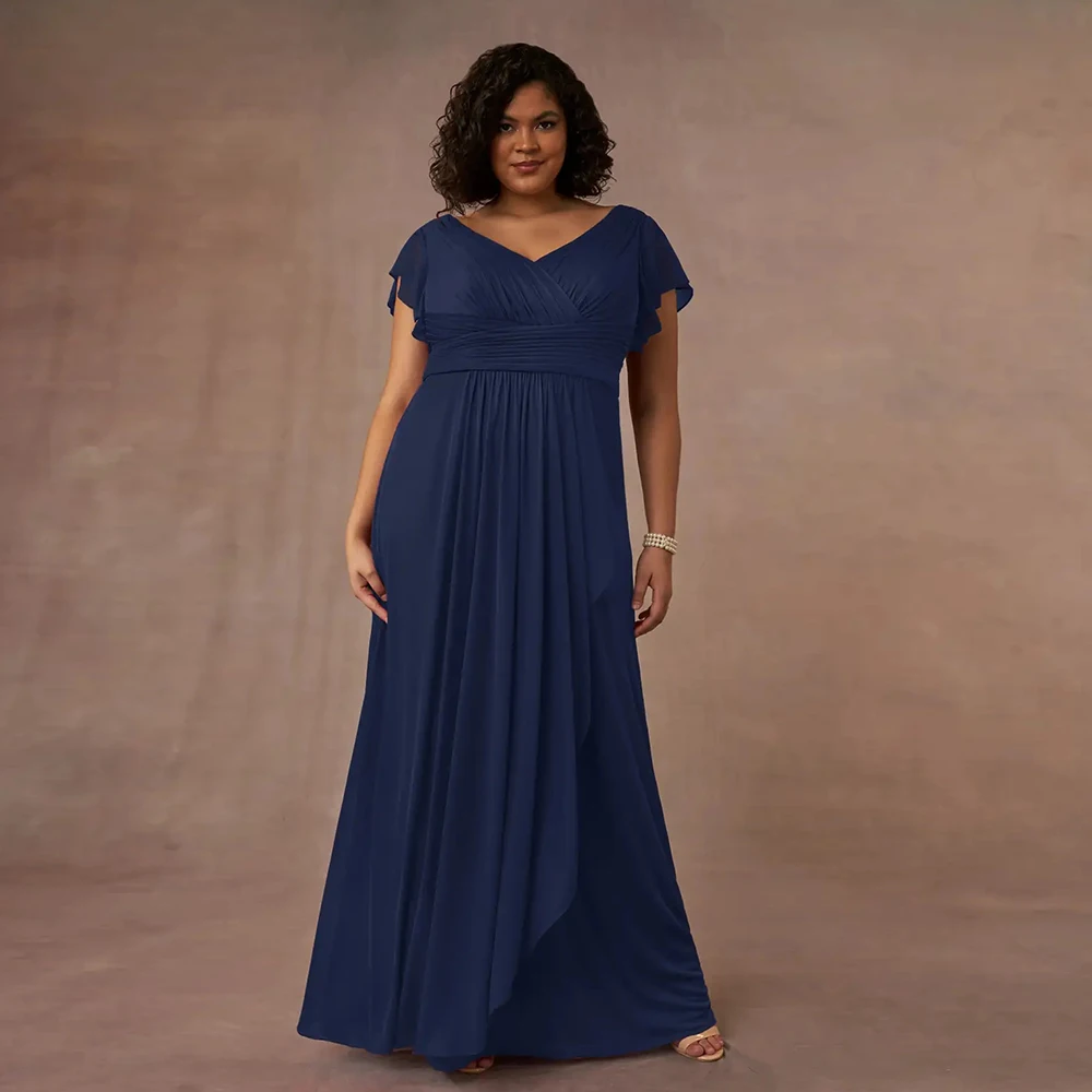 Strapless Plus Size Moeder Van Bruid Jurken Met Plooi 2024 Zomer Vloerlengte Chiffon Trouwfeestjurken Korte Mouw Gewaad