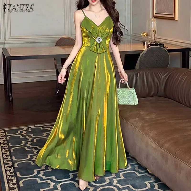 ZANZEA Stylish Women Women Evening Gown Dress Elegant V Neck Party Strap Dresses Glazed Fabric Waist-Cinched A-Line Sundress