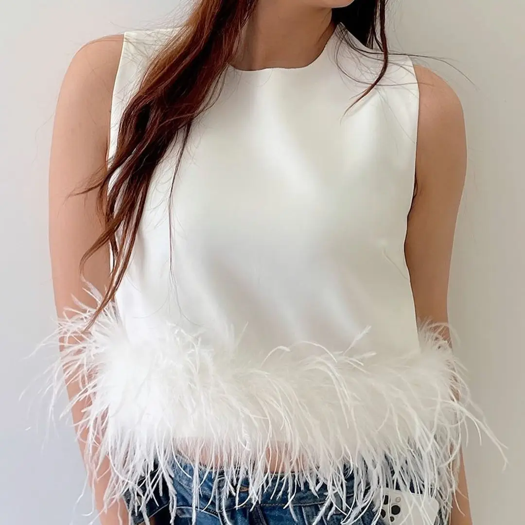 2024 European and American women's solid color back zipper sleeveless patchwork feather vest T-shirt top