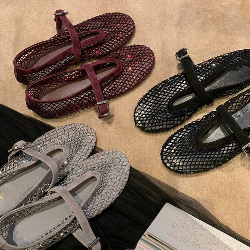 Damen 2026 Frühling Neu Strass Hohl-Netz-Schuhe mit einem Riemen Mary Jane Flats für Outdoor-Leichtkomfort Neu