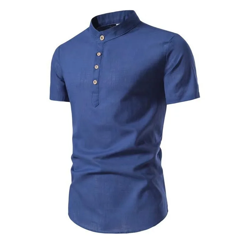 Men\'s casual short-sleeved stand-up collar vintage solid color shirt