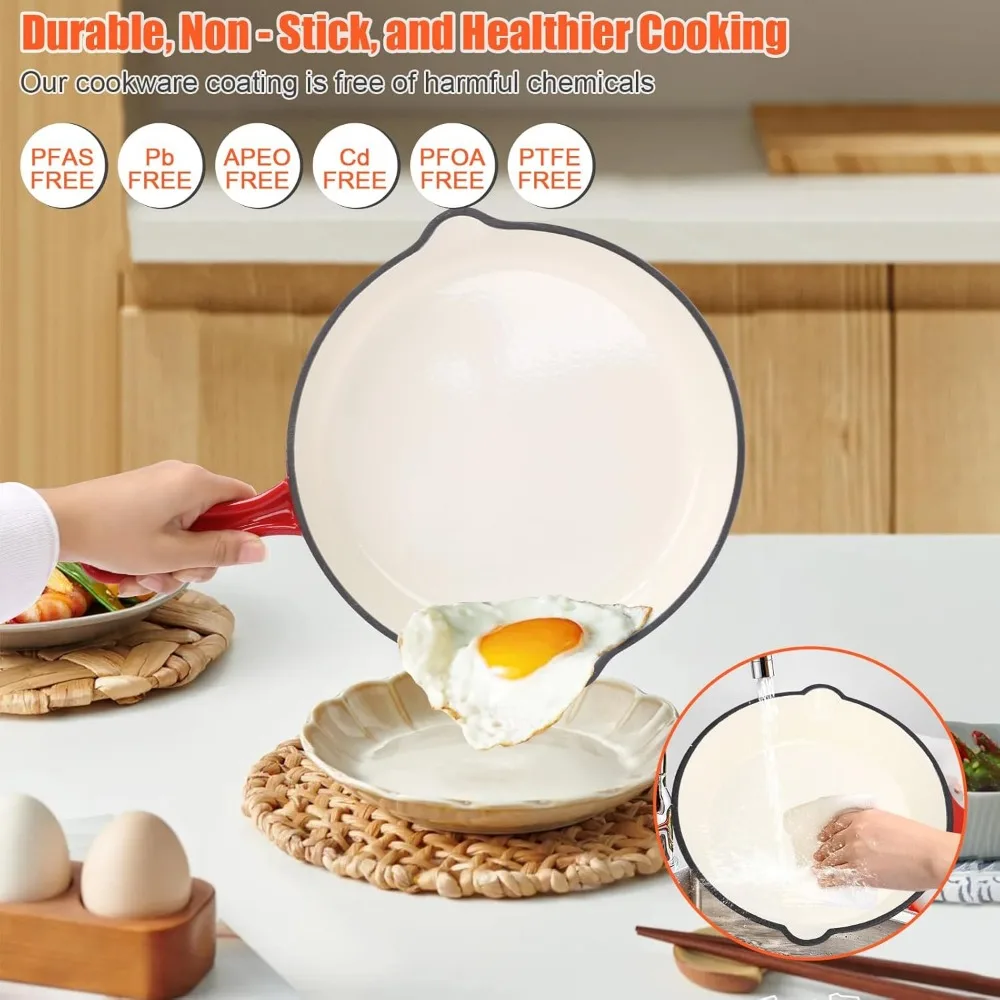 Nonstick Enameled Cast Iron Cookware Set, 5-Pcs Pots and Pans with Lid, Frying Pan Skillet, Sauce Pan, Healthy Round Dutch Oven