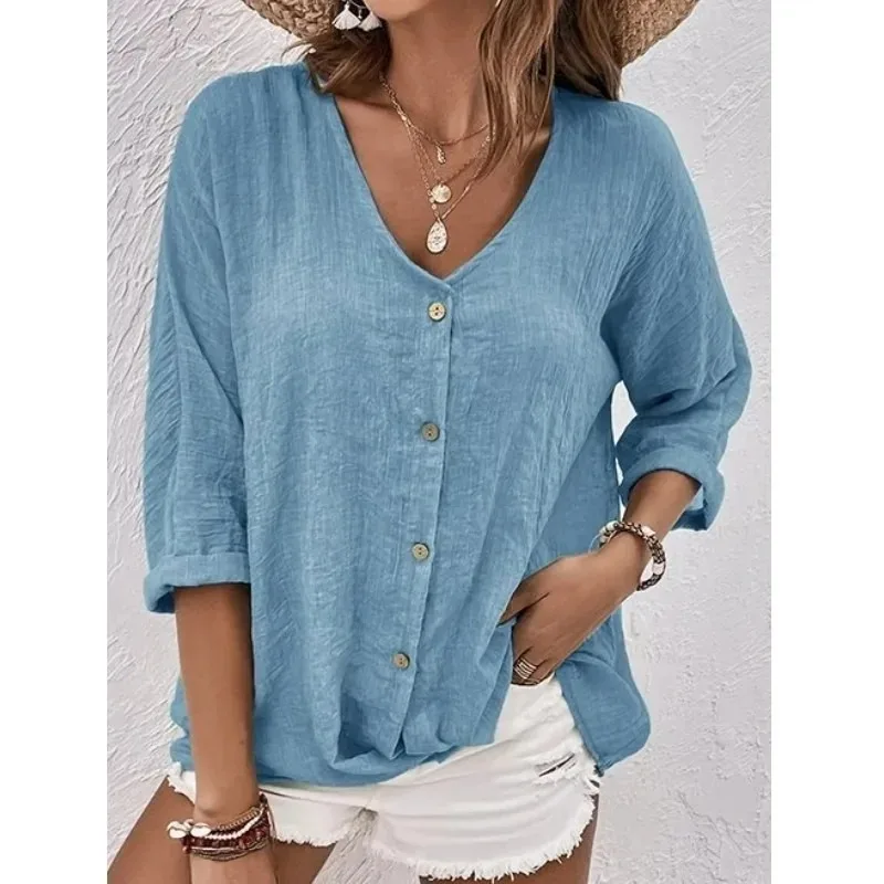 Solid Color Blouses for Women Summer Cotton Linen V Neck Long Sleeve Loose Blouse Casual Button Top Shirts Women\'S Clothing 블라우스