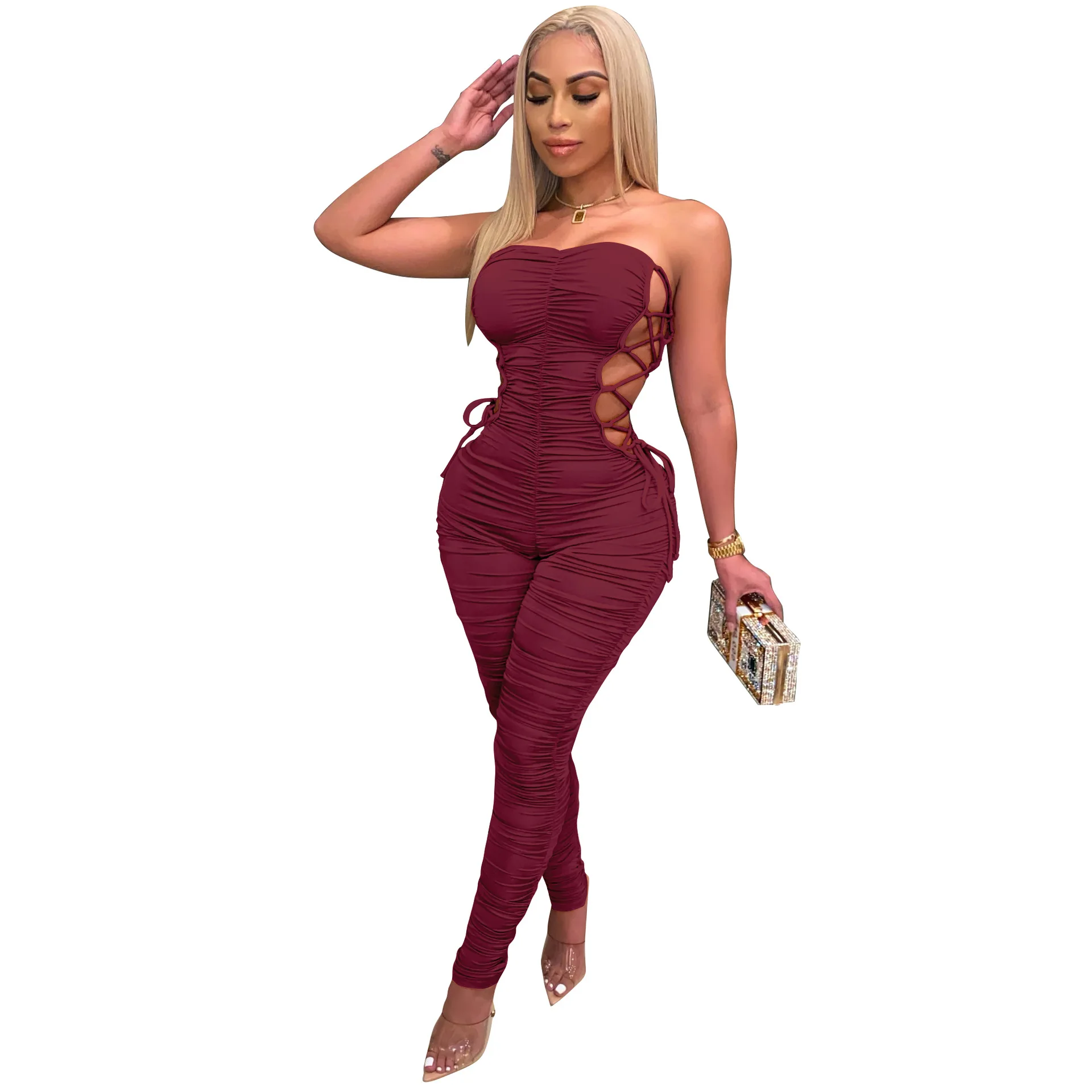 

Kricesseen Sexy Strapless Side Lace Up Long Pant Jumpsuit Women Overalls Bandage Skinny Bodycon 2020 Workout Stacked Rompers