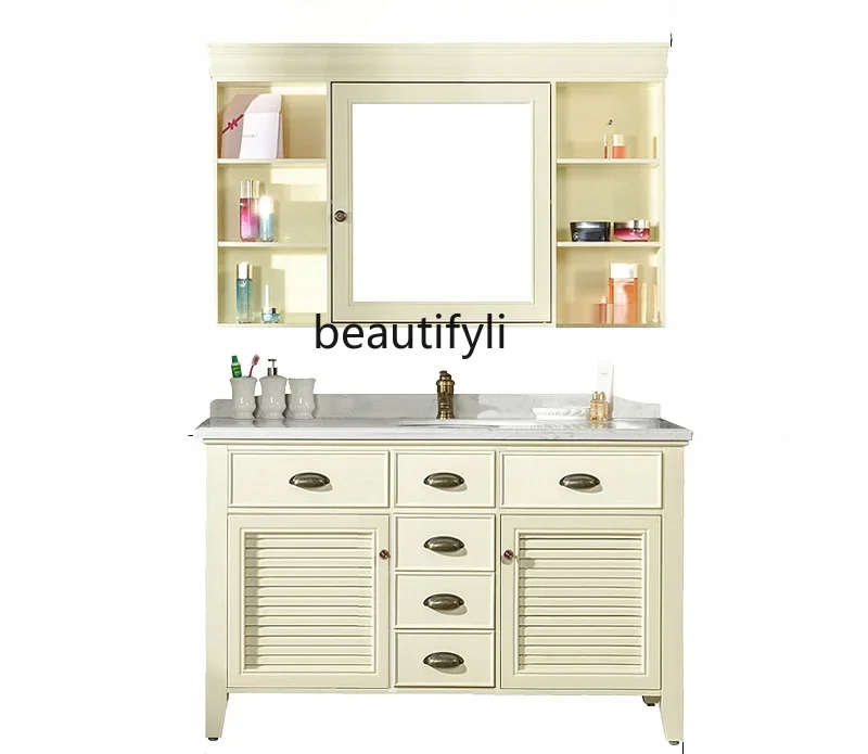 

YH American Solid Wood Bathroom Cabinet Combination Floor Retro Green Washbasin Wash Basin