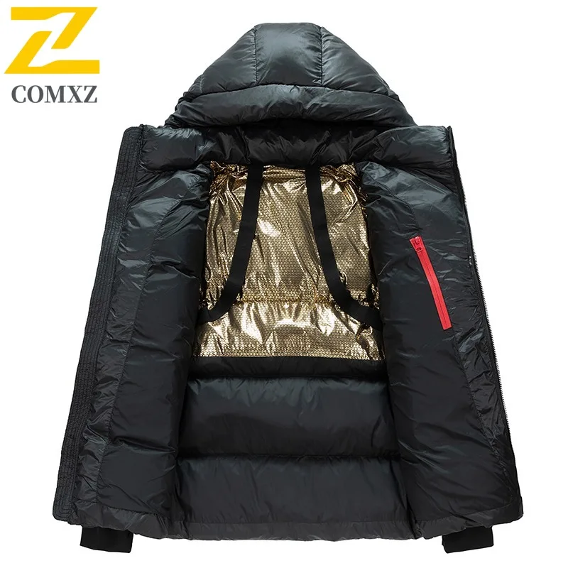 COMXZ Outdoor Comfort Down Jacket 2025 Men Skiing Thick Warm Padded Jacket Leisure Hooded Trip Cold Proof Winter Men Clothing