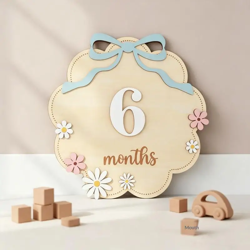 Natural Wooden Baby Monthly Milestone Sign Pink Bow Floral For Newborn Girl Photo Props