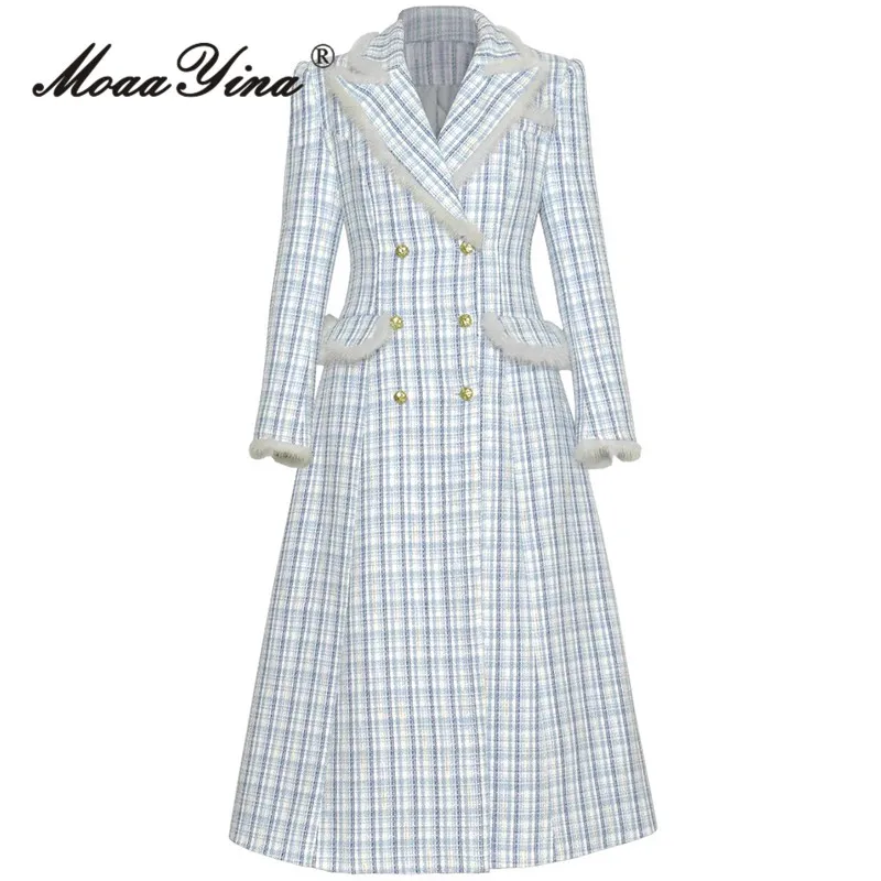 MoaaYina Flip Collar Double breasted Hairy Splicing Age Reducing Checkered Coat Cotton Thickening Fashionable Medium Long Coat