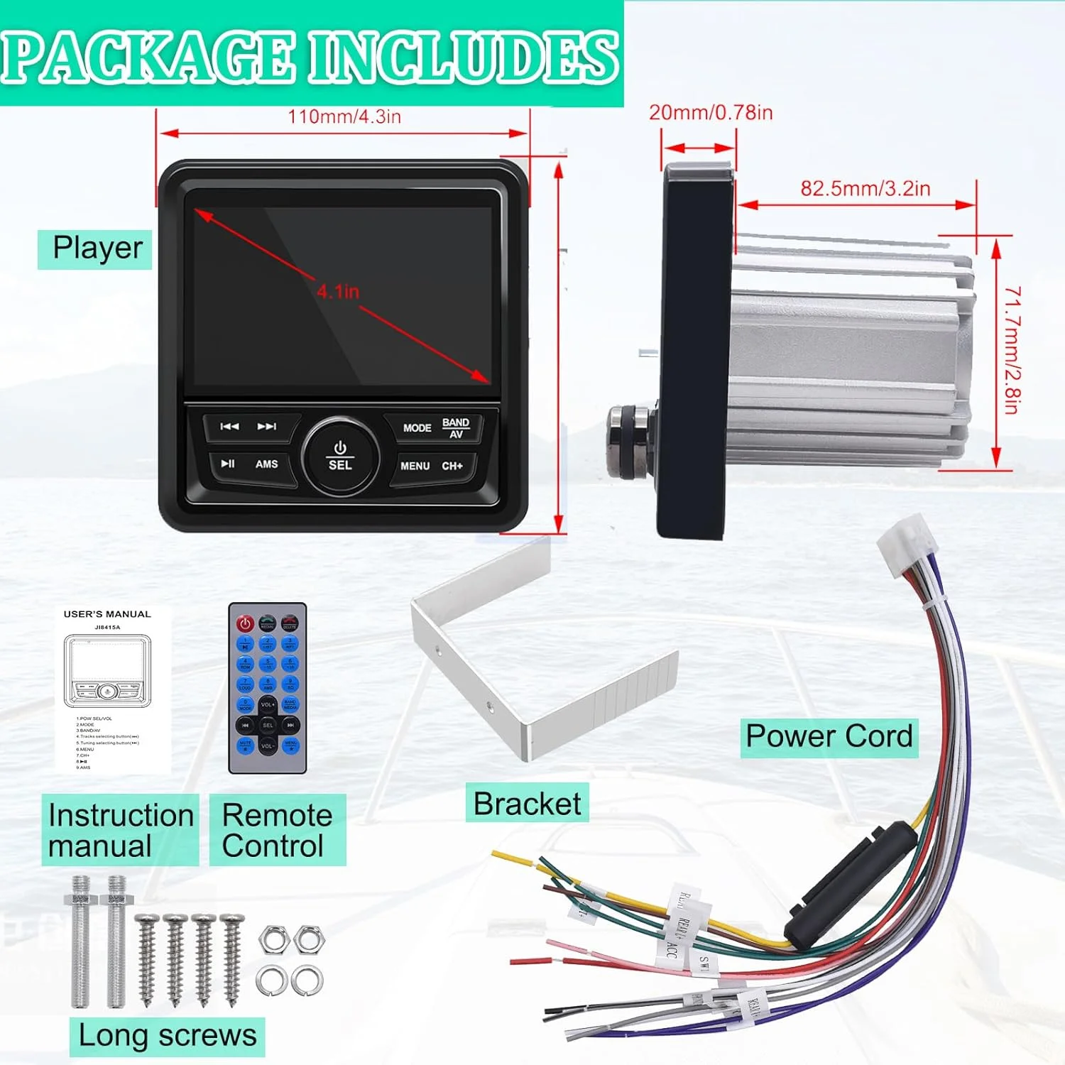 البحرية راديو قارب ستيريو بلوتوث FM AM الوسائط الرقمية مشغل الصوت 4.1 "العرض الرقمي لليخوت ATV UTV عربة جولف دراجة نارية