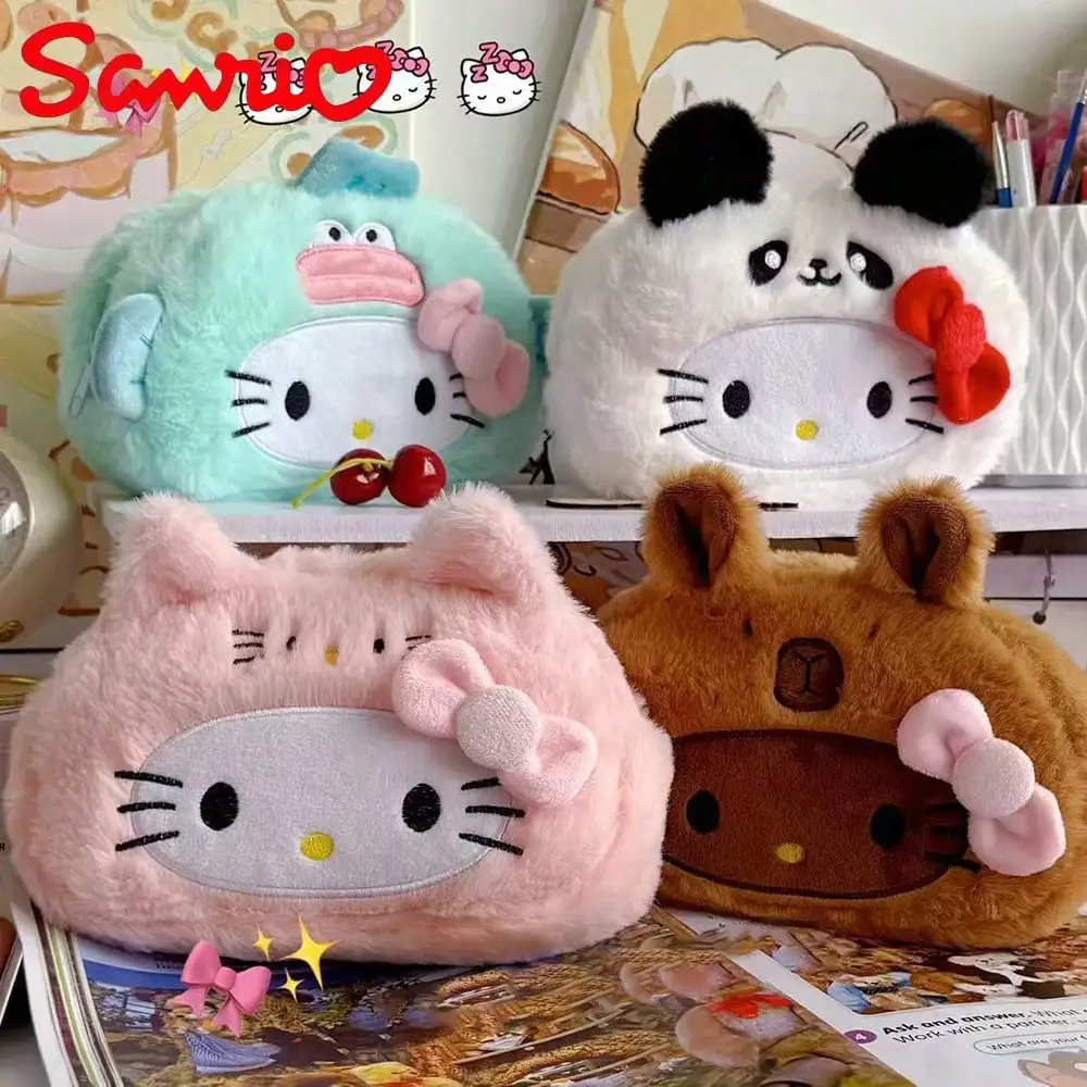 Trousse à crayons en peluche Sanrio 1 pièce, motif chat KT, sac de papeterie de grande valeur, motif castor de dessin animé, mignon, grande capacité, pour étudiants