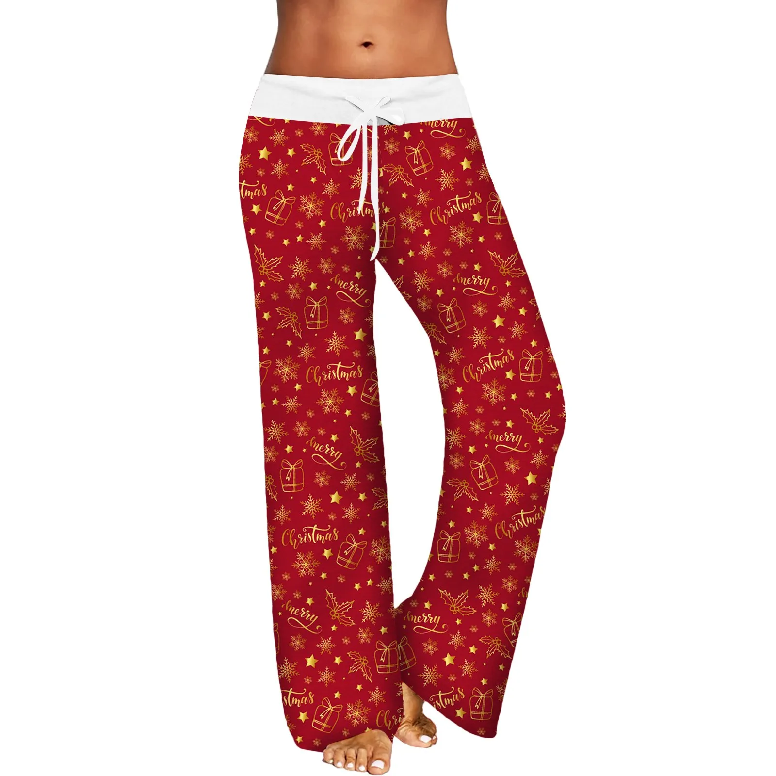 Women Christmas Pyjama Pants Drawstring Elk Xmas Sleepwear Snowflake Reindeer Print New Years Pajama Pants