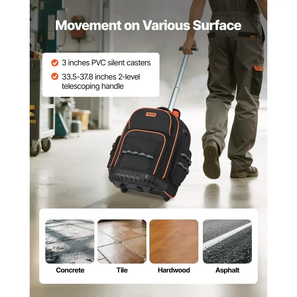 Heavy Duty Rolling Tool Backpack 45 Pocket Tool Bag on Wheels Portable Tool Organizer