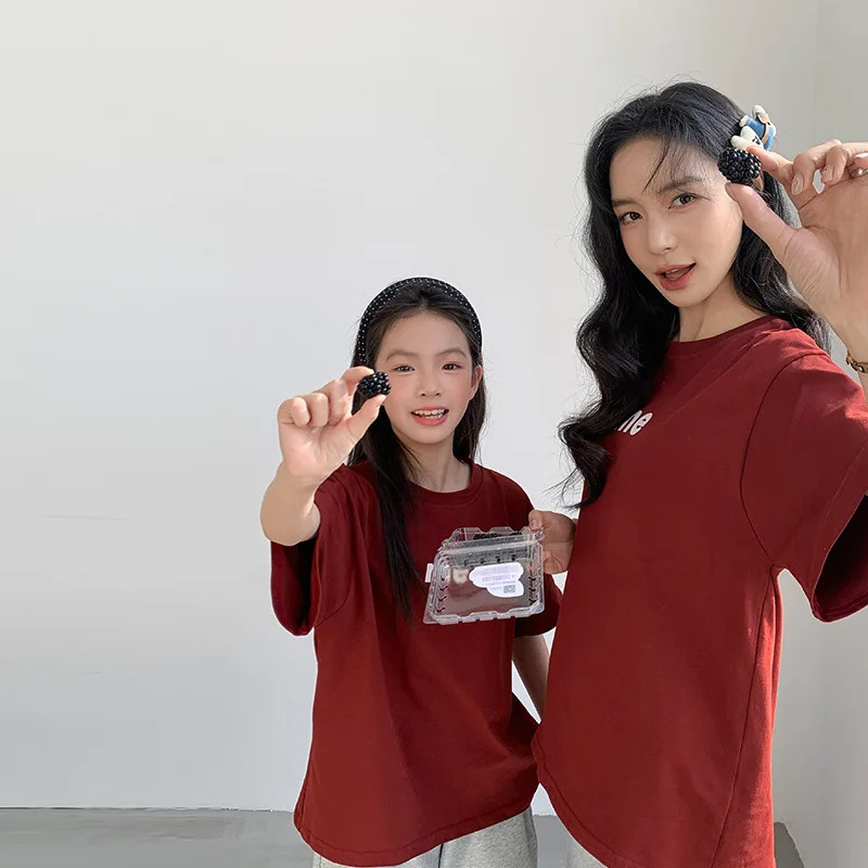 2026 Summer Family Matching T-shirts Letter Print Red Loose Short Sleeve Tops Mommy And Me Family Of 3 Soft Cotton Crew Neck Tee 3
