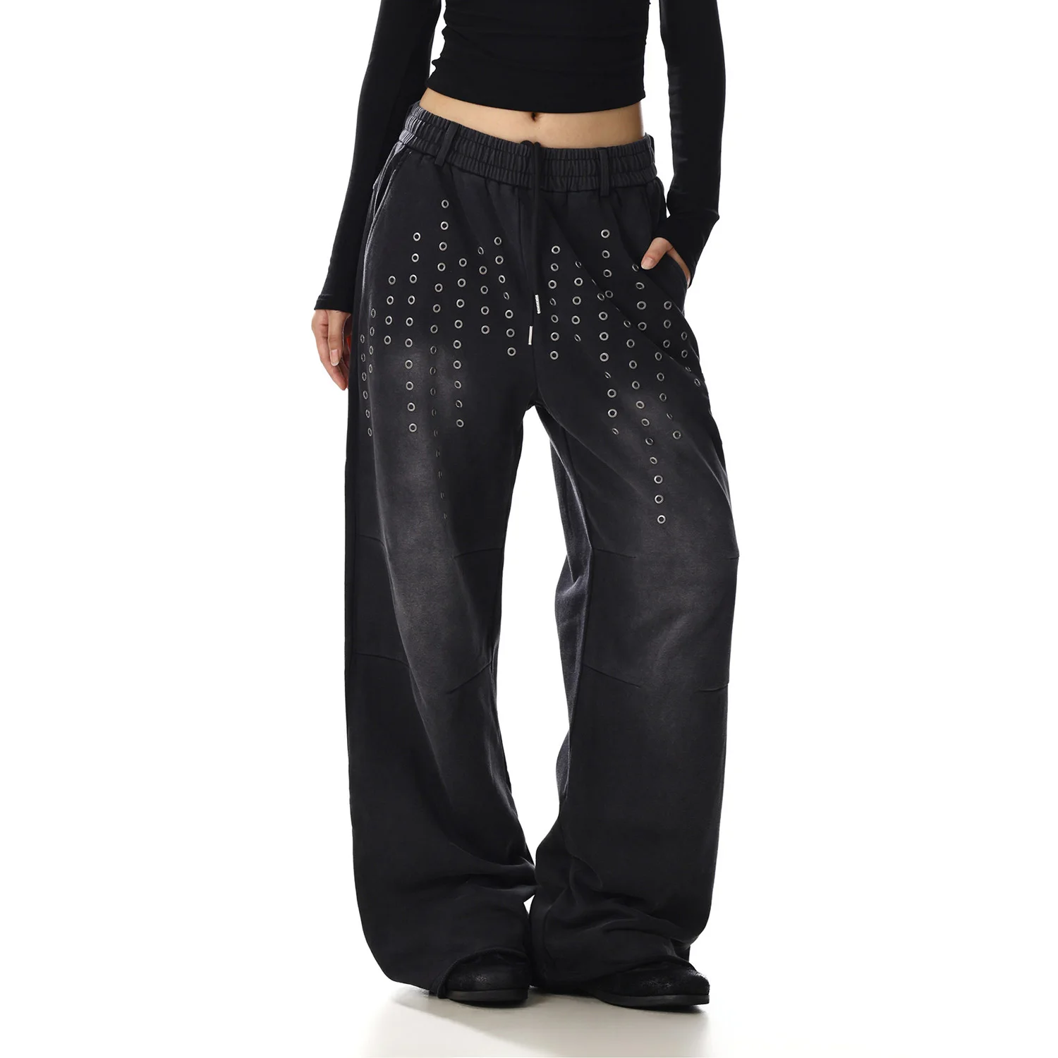 Metal Hole American Retro Sport Pant Men Women Streetwear Loose Casual Washed Fashion Wide Leg Baggy Pants Unisex Sweatpant